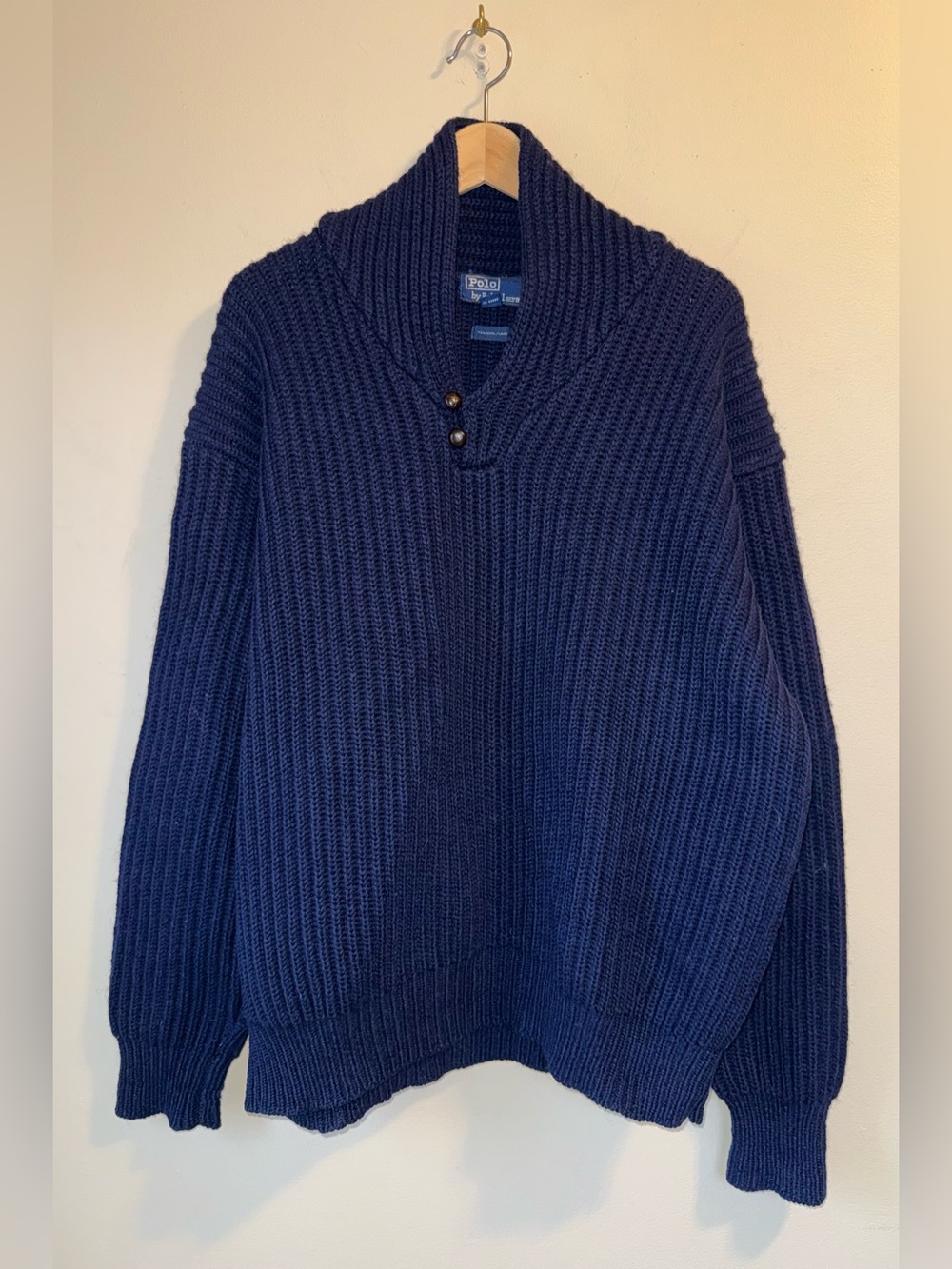VTG Ralph Lauren Shawl Collar Classic Wool Sweater - Navy - Mens Large